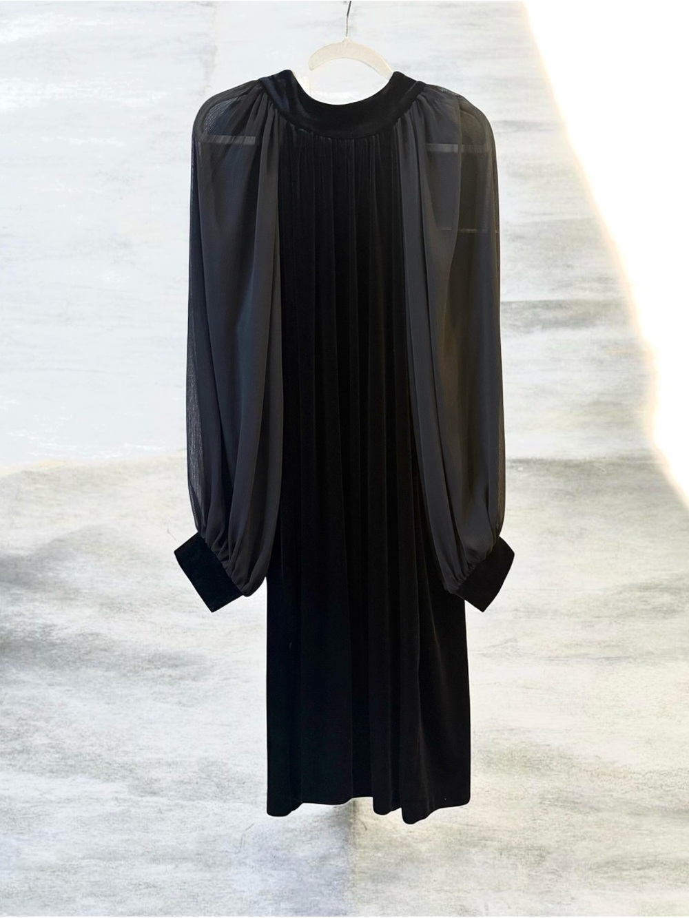 Calvin Klein velvet sheath with raglan sheer sleeves
